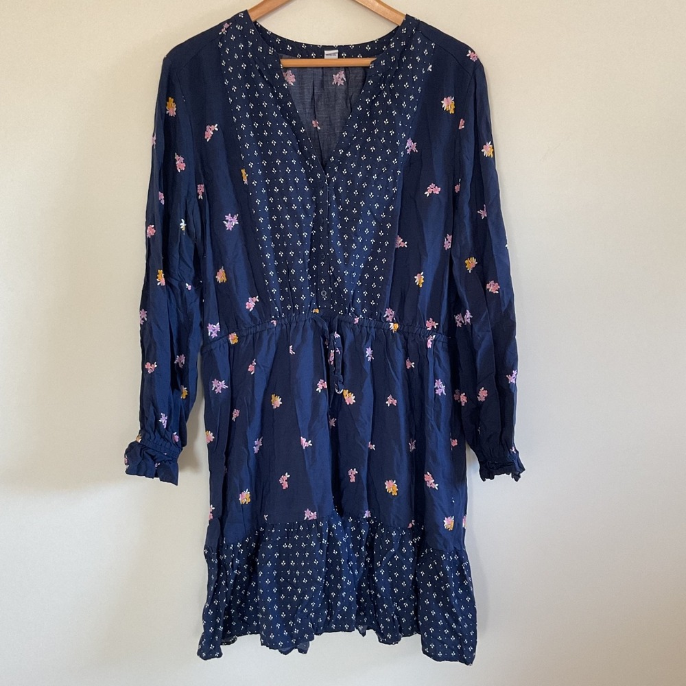 Old Navy Mixed Print Floral Cottagecore Navy Dress XL Modal Tie Waist Tiered